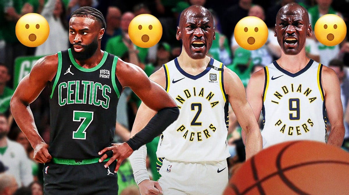 Jaylen Brown on one side, Andrew Nembhard with Michael Jordan's face over his face and T.J. McConnell with Michael Jordan's face over his face on the other side, a bunch of shocked emojis in the background