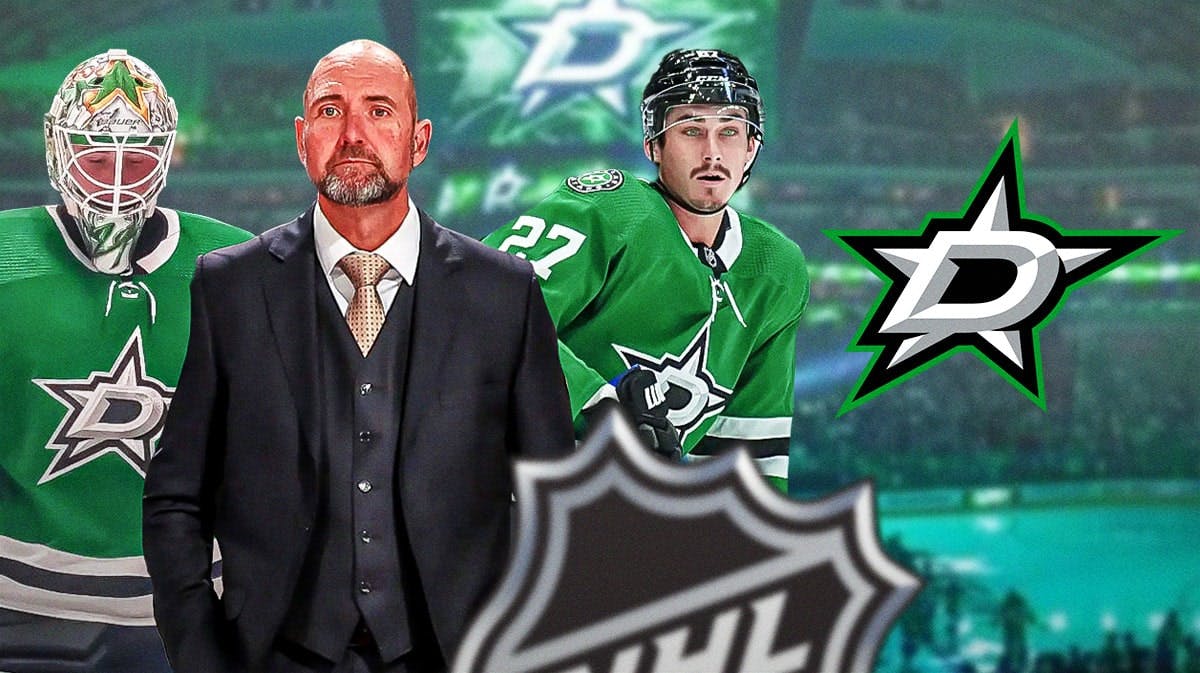Dallas Stars head coach Peter DeBoer with goalie Jake Oettinger and left wing Mason Marchment. They are next to a logo for the Dallas Stars.