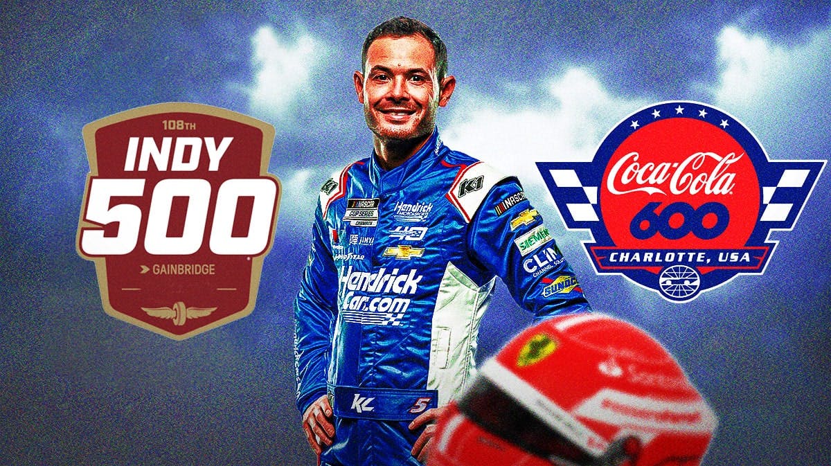 Kyle Larson with Indy 500 and Coca-Cola 600 logos in the background