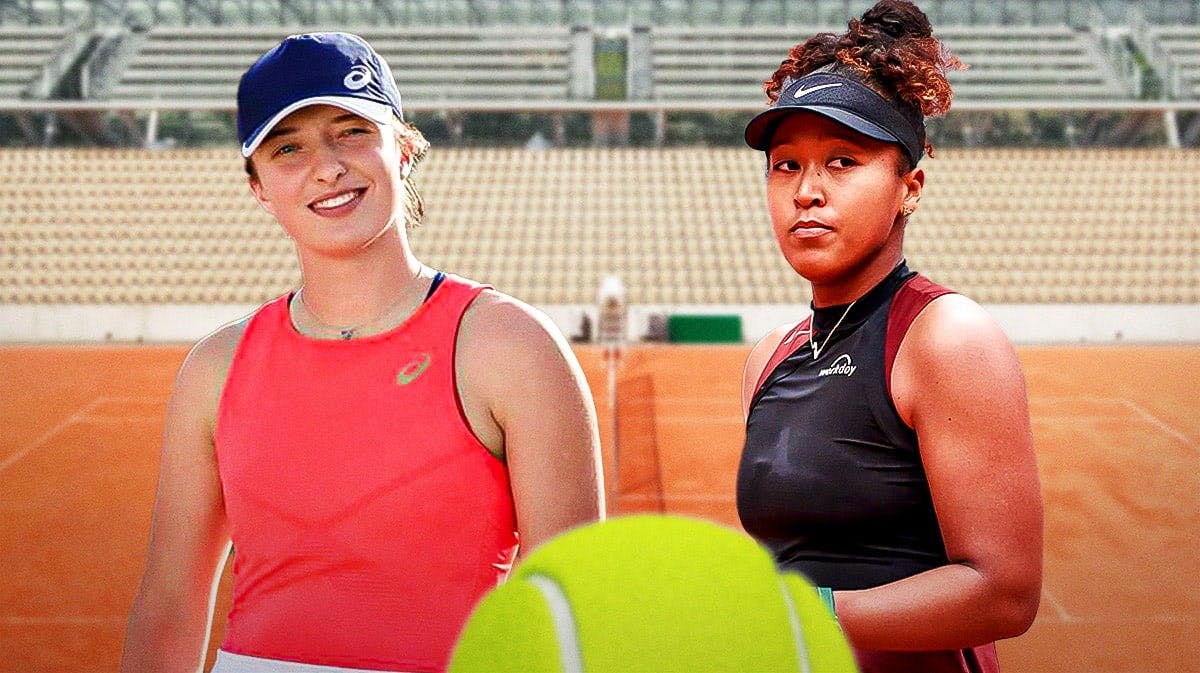 Women's tennis player Iga Swiatek, with a happy, excited expression, and women's tennis player Naomi Osaka, with a neutral/frustrated expression, in front of tennis courts at the French Open