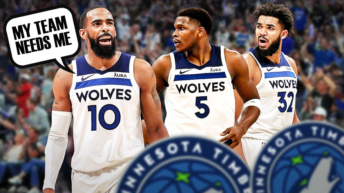 Timberwolves' Mike Conley saying "My team needs me" next to Anthony Edwards, Karl-Anthony Towns.