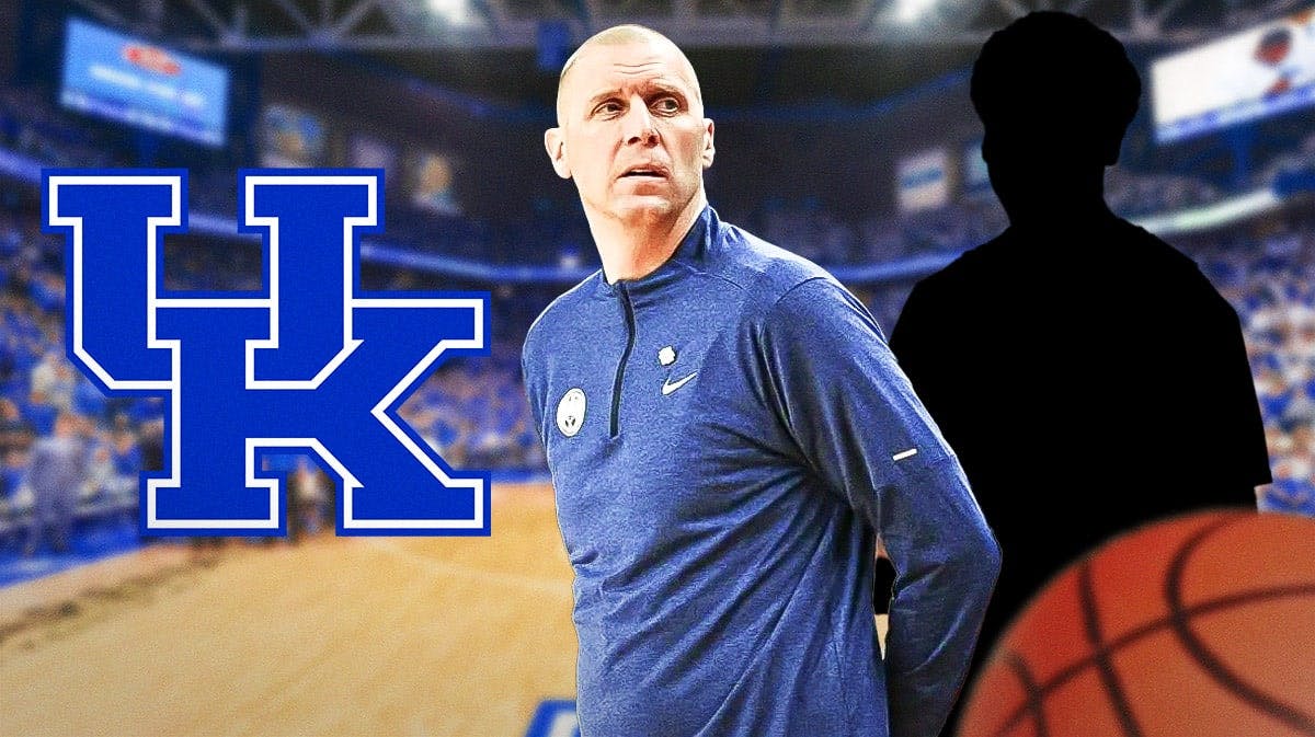 ex-BYU coach Mark Pope stand next to Kentucky basketball logo, Jaxson Robinson stands on sideline after NBA Draft workout