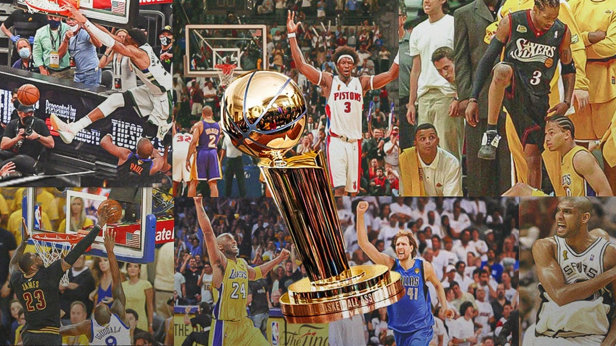 NBA Finals collage, featuring LeBron James, Kobe Bryant, Tim Duncan, Ben Wallace, Allen Iverson, Dirk Nowitzki, and Giannis Antetokounmpo