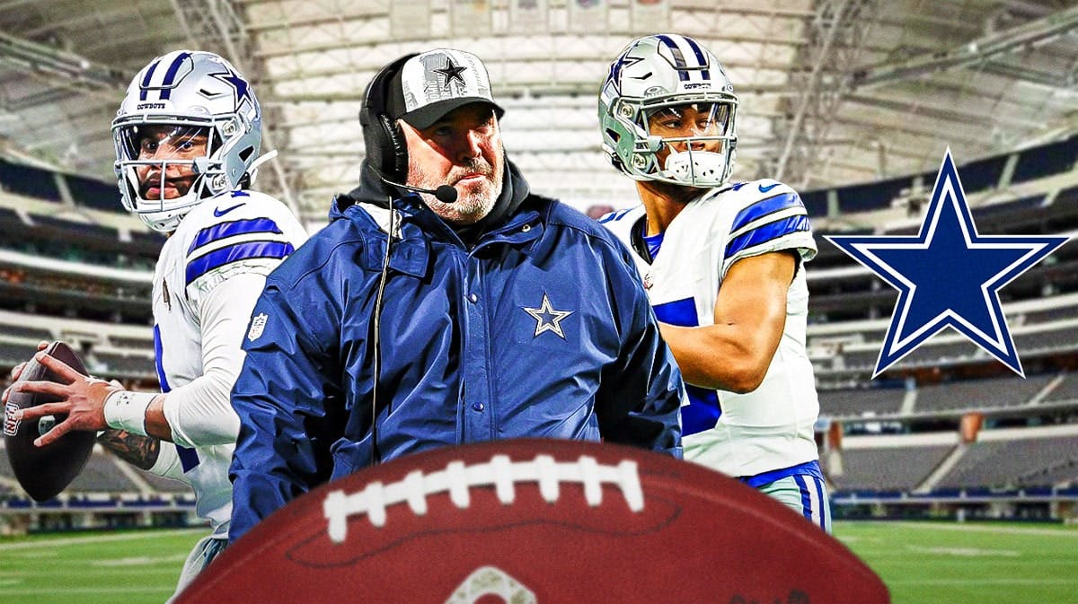 Dallas Cowboys head coach Mike McCarthy with QBs Dak Prescott and Trey Lance. There is also a logo for the Dallas Cowboys.