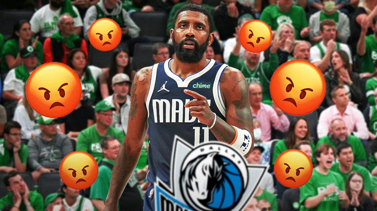 Kyrie Irving with a bunch of Boston Celtics fans with angry emojis around them in the background