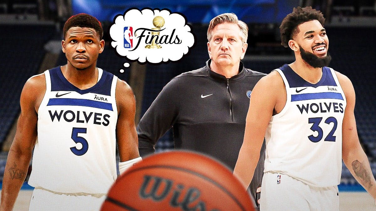 Timberwolves' Anthony Edwards thinking about NBA Finals next to Chris Finch and Karl-Anthony Towns