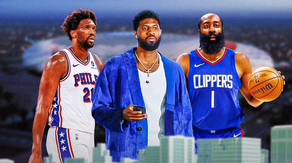 76ers' Joel Embiid and Clippers' James Harden next to Paul George