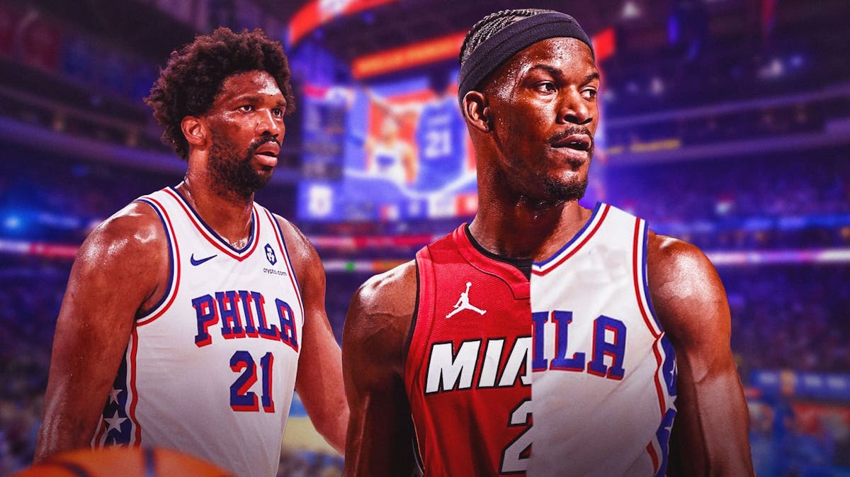 76ers' Joel Embiid and Jimmy Butler in a half-Heat, half-76ers jersey