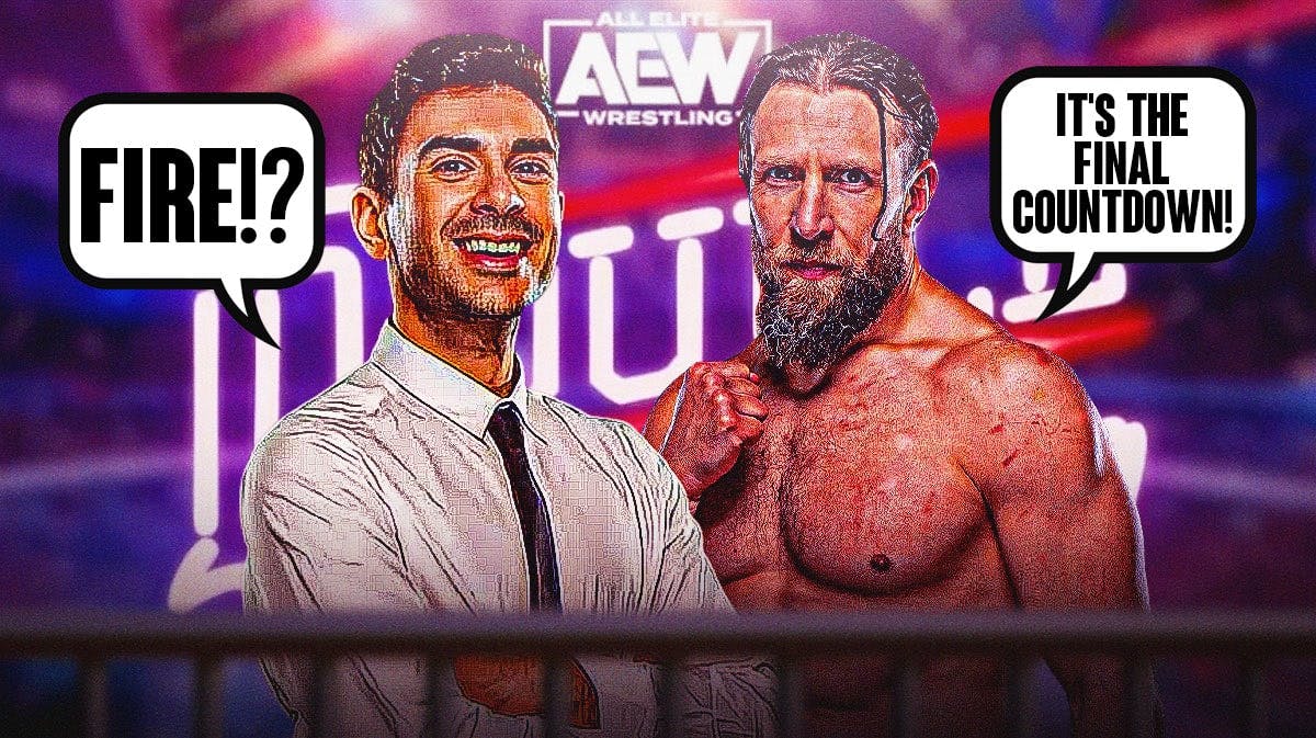 Tony Khan with a text bubble reading "Fire!?" next to Bryan Danielson with a text bubble reading "It's the Final Countdown!" with the 2024 AEW Double or Nothing logo as the background.