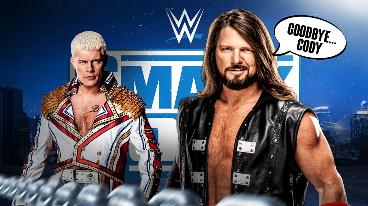 AJ Styles with a text bubble reading "Goodbye... Cody" next to Cody Rhodes with the SmackDown logo as the background.