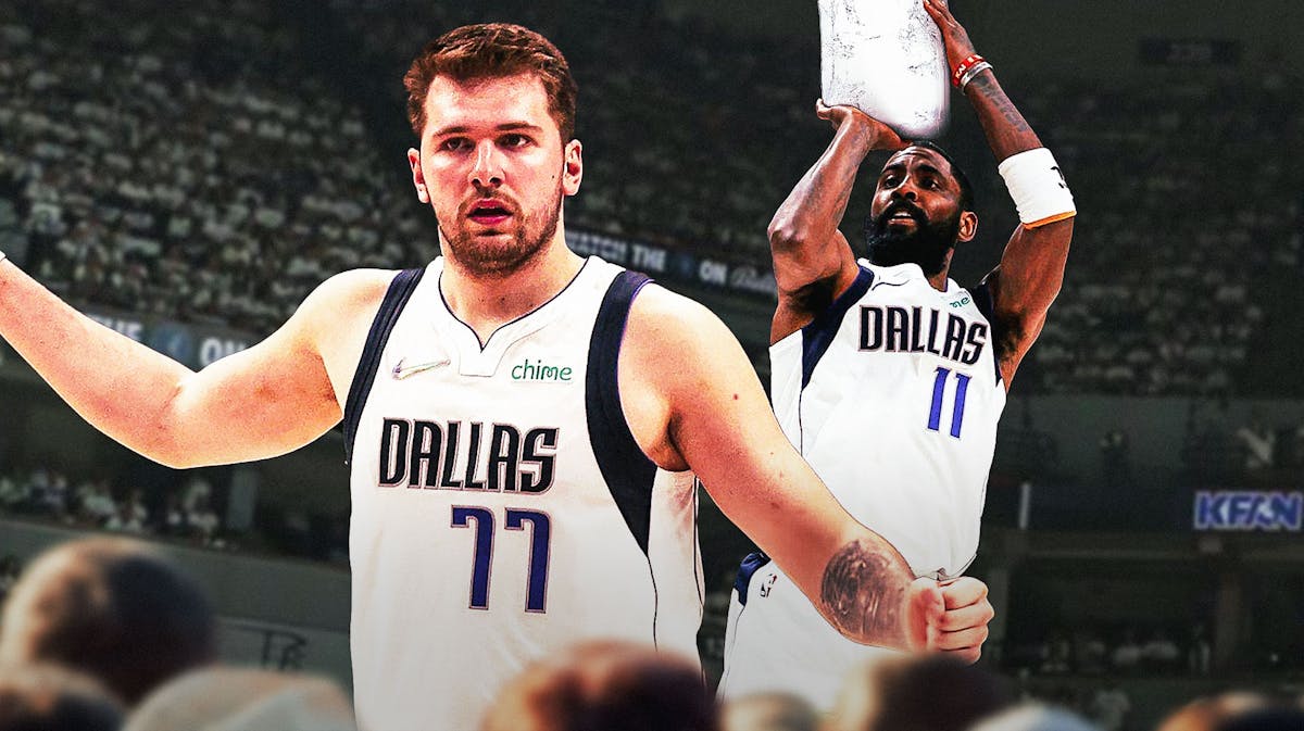 Mavericks' Kyrie Irving shooting a frozen brick, with Luka Doncic tired beside Irving