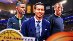 JJ Redick, Sam Cassell, and James Borrego with Lakers logo