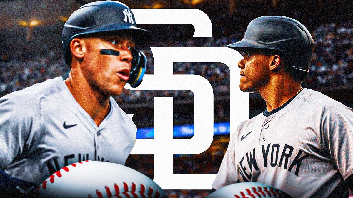 Aaron Judge and Juan Soto, with a San Diego Padres logo between them.