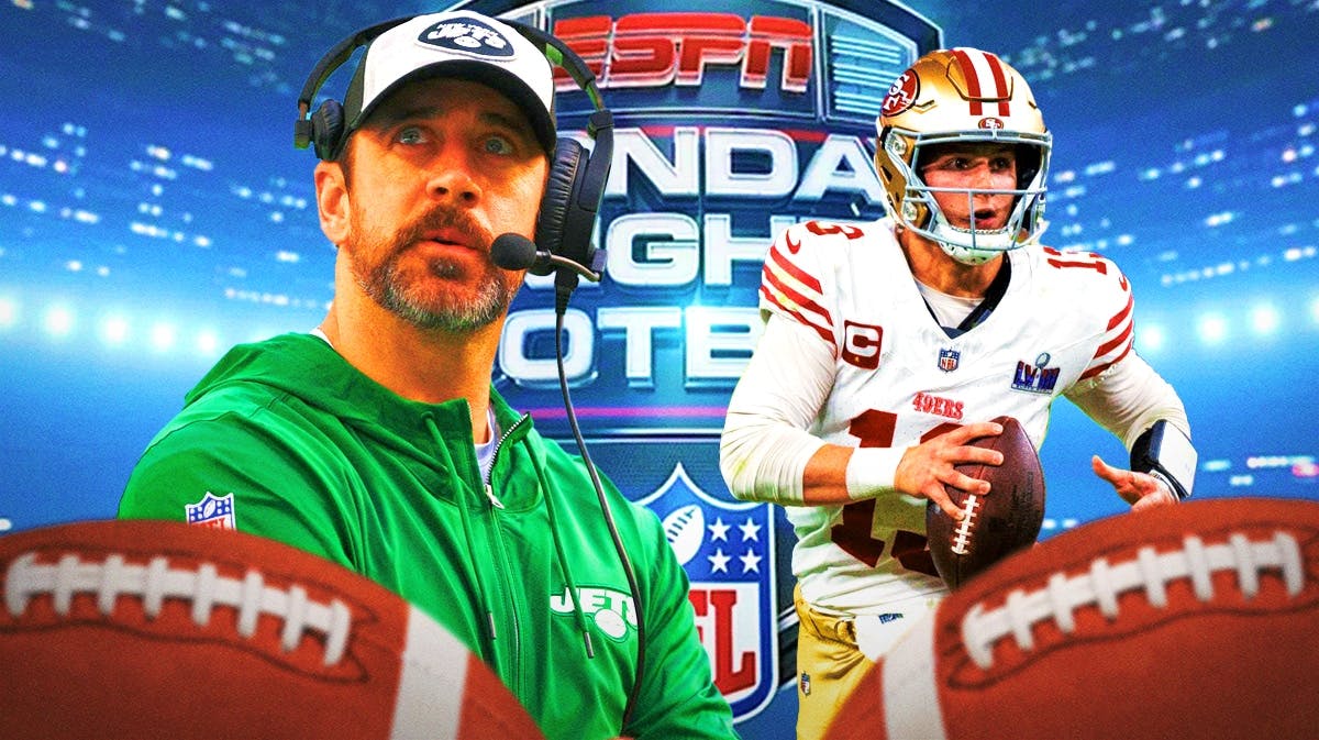Jets' Aaron Rodgers vs. 49ers' Brock Purdy with Monday Night Football logo
