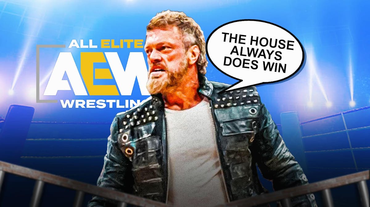 Adam Copeland with a text bubble reading "The House always does win" with the AEW Double or nothing logo as the background.