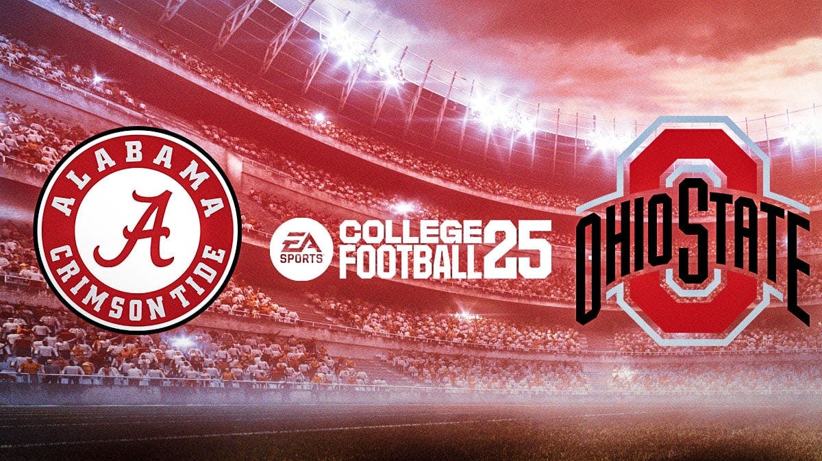Alabama football logo, Ohio State football logo, and EA College Football 25 Logo.