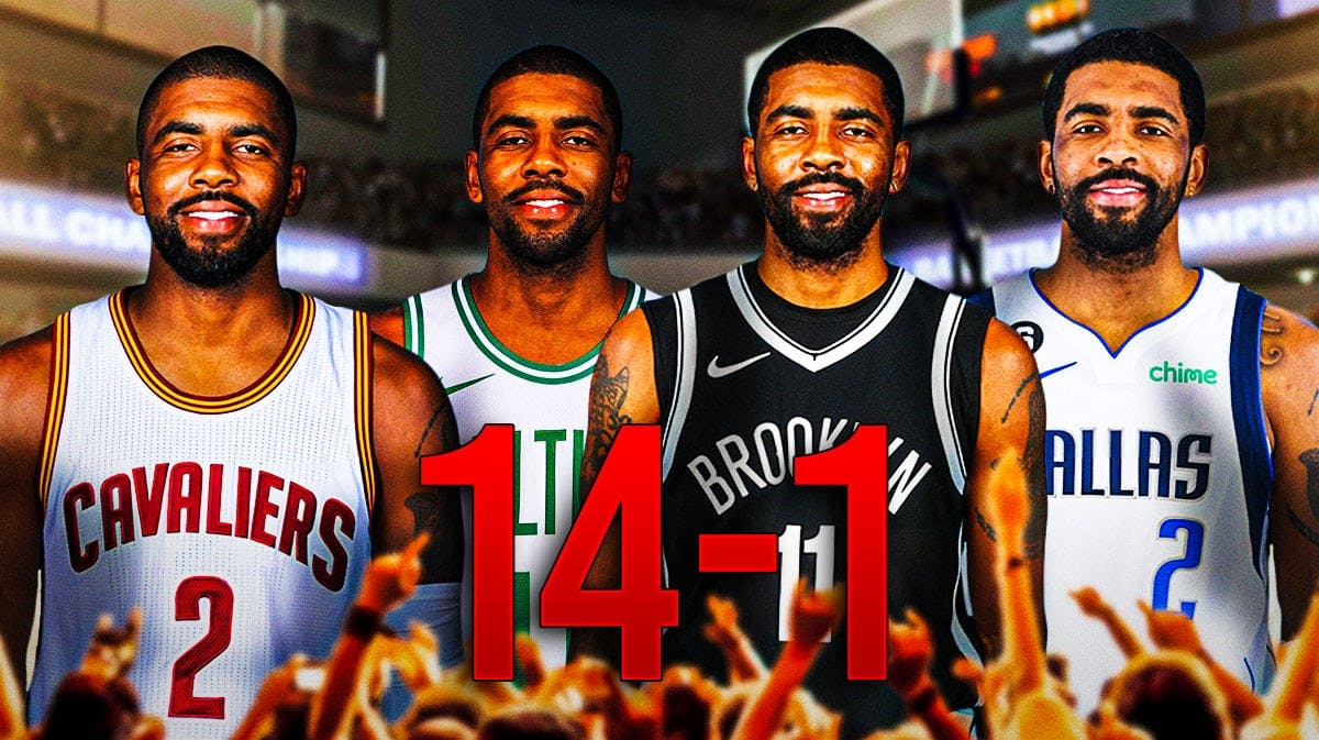 Kyrie Irving in Cavaliers jersey, Irving in Celtics jersey, Irving in Nets jersey, Irving in Mavericks jersey. In big red characters at the bottom of the graphic is "14-1"