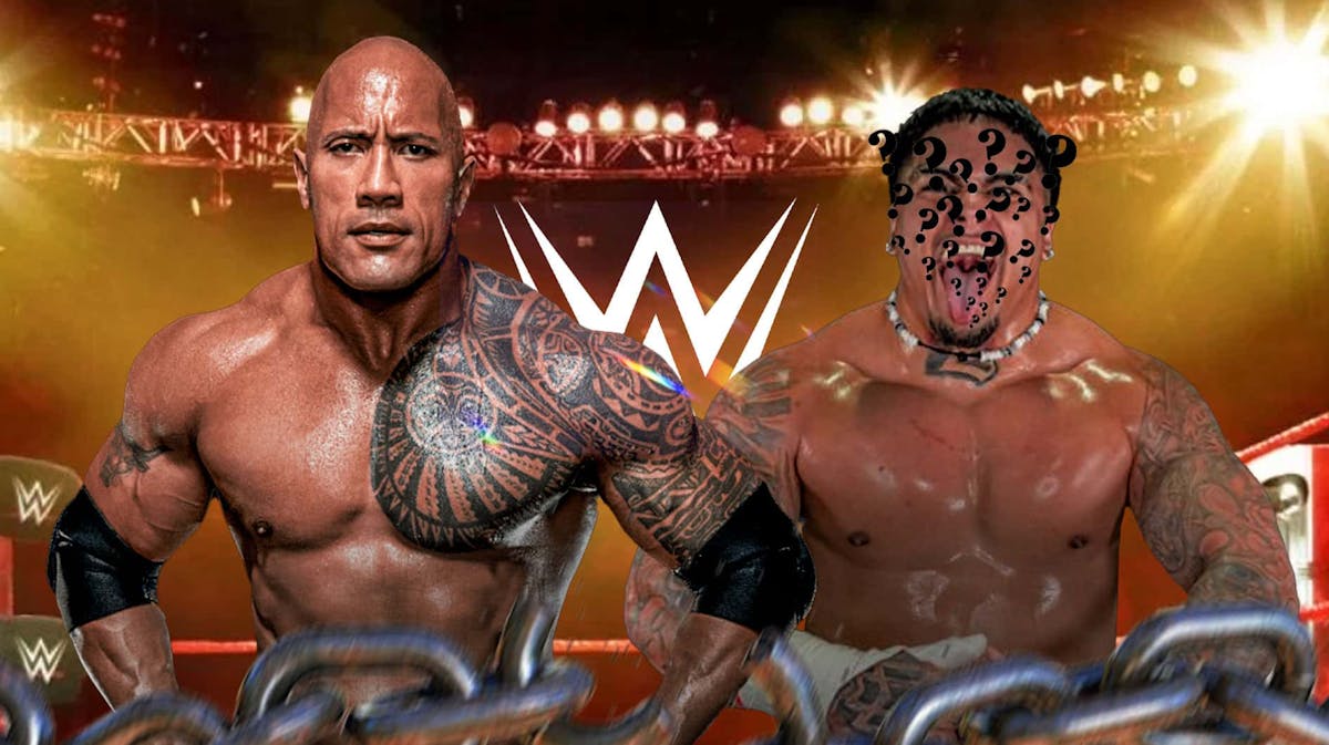 Zilla Fatu with his face covered in a question mark next to The Rock in a WWE ring with the WWE logo as the backgroud.