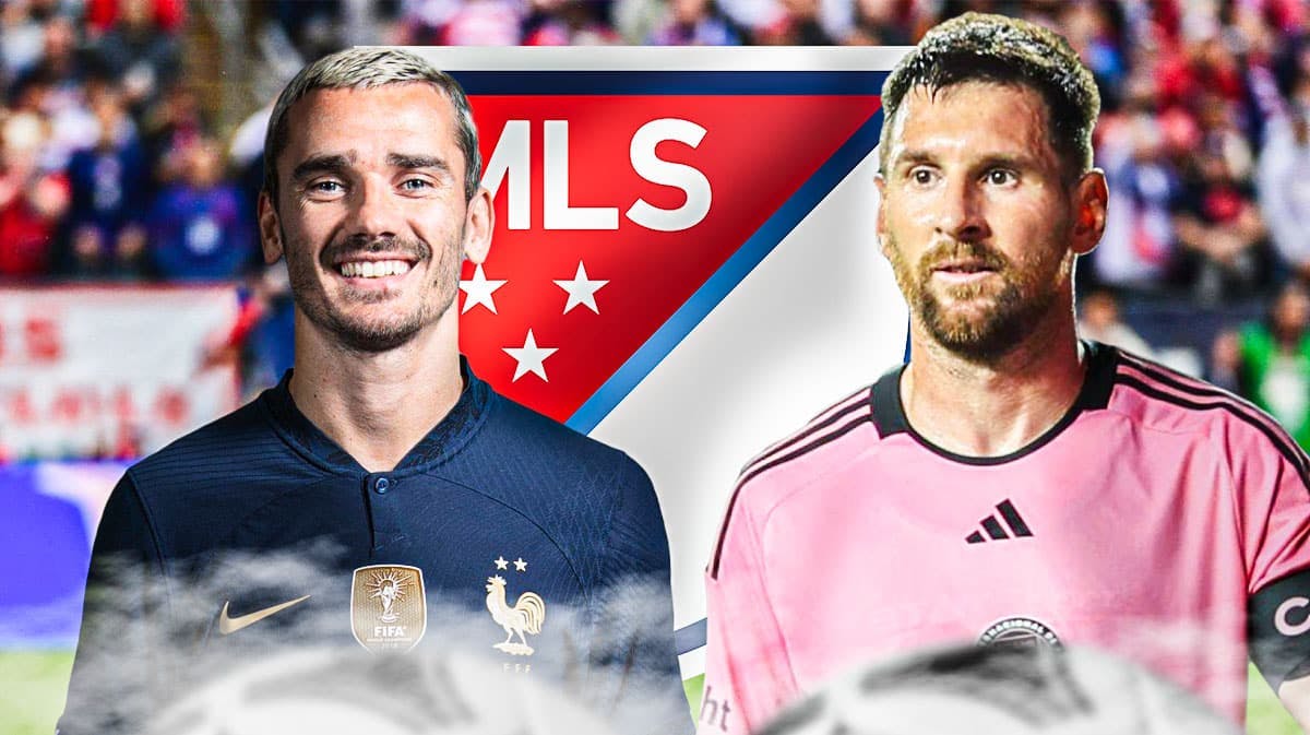 Antoine Griezmann in front of the MLS logo with Lionel Messi on the side