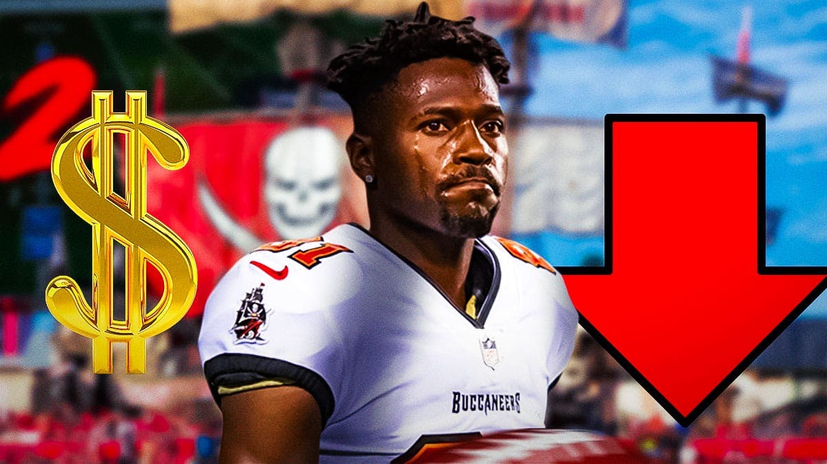 Former NFL receiver Antonio Brown next to a big red dollar sign and a big red down arrow.