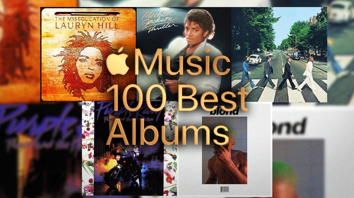 Apple Music 100 Best Albums list logo with The Miseducation of Lauryn Hill, The Beatles Album Road, Michael Jackson Thriller, Prince Purple Rain, and Frank Ocean Blonde album covers.