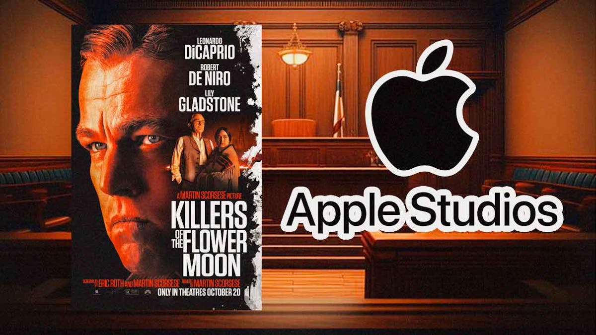 Killers of the Flower Moon poster, Apple Studios logo, Background: courtroom