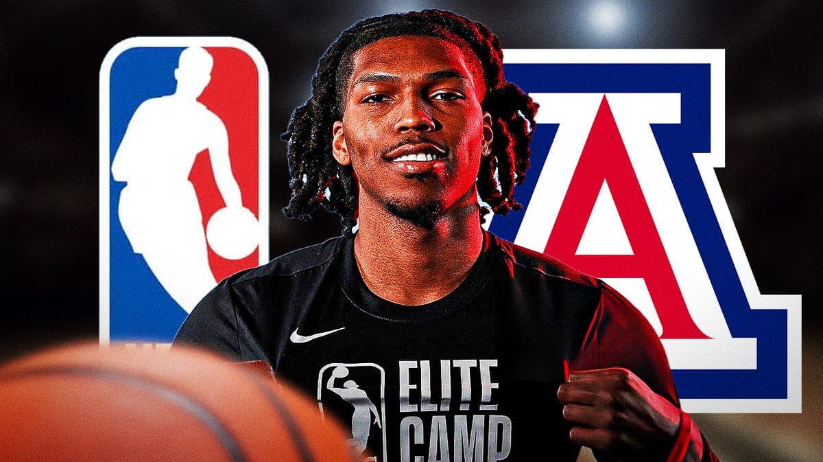 Caleb Love in the middle of the NBA logo and the University of Arizona logo