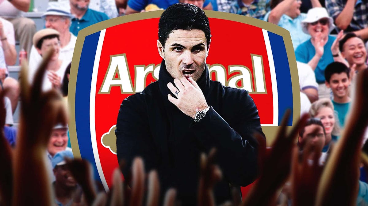 Mikel Arteta in front of the Arsenal logo, fans laughing behind him