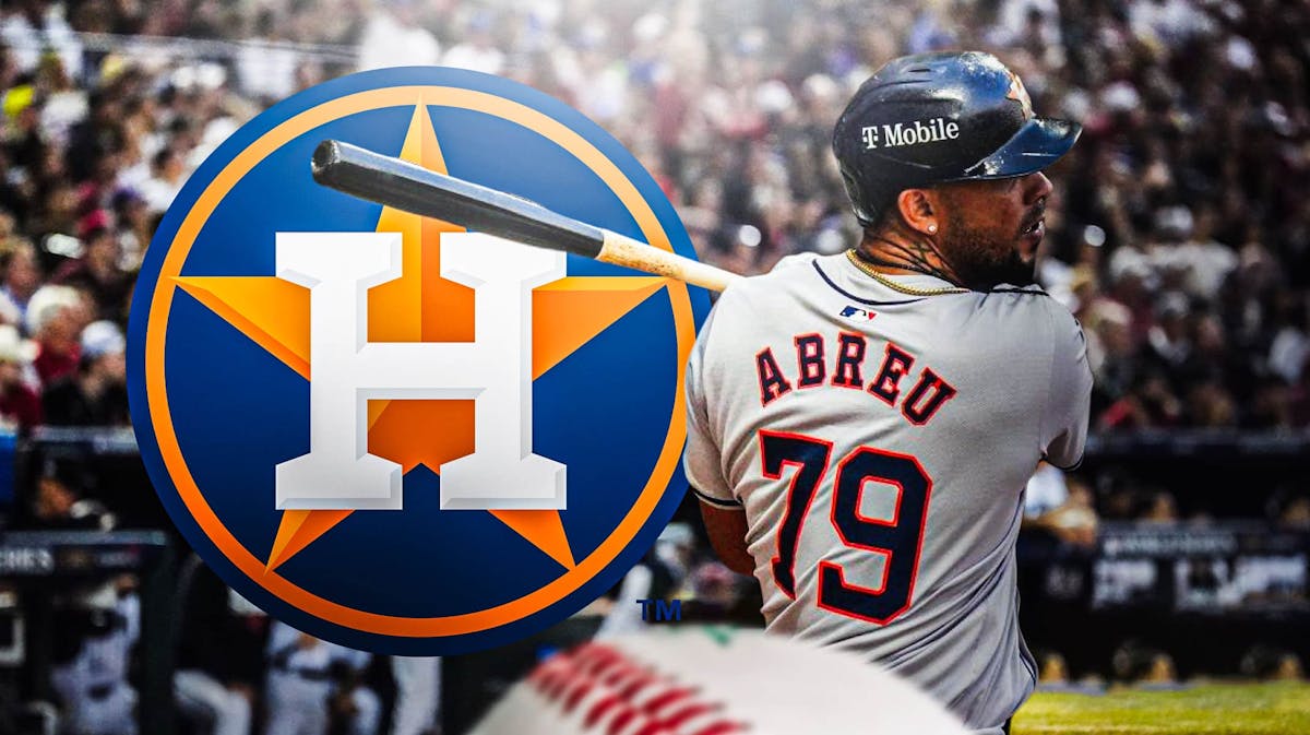 Astros' Jose Abreu swinging a baseball bat with the Houston Astros' 2024 logo in background.