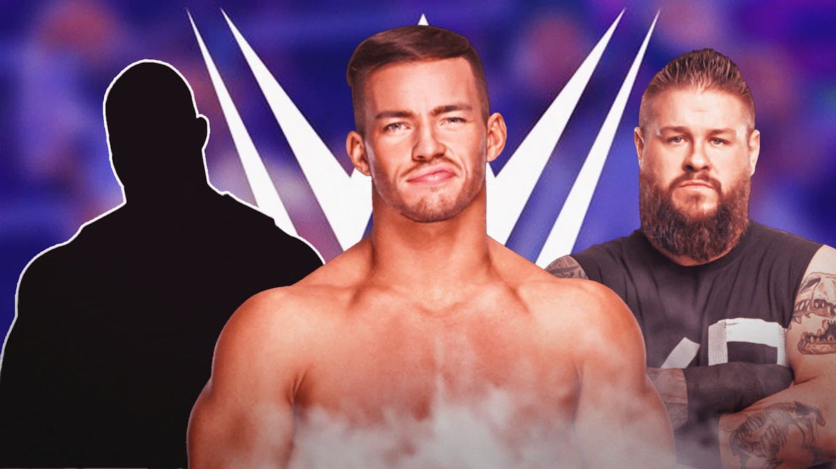 Austin Theory in the middle with Kevin Owens on his right and the blacked out silhouette of Stone Cold Steve Austin on his left and the WWE logo as the background.