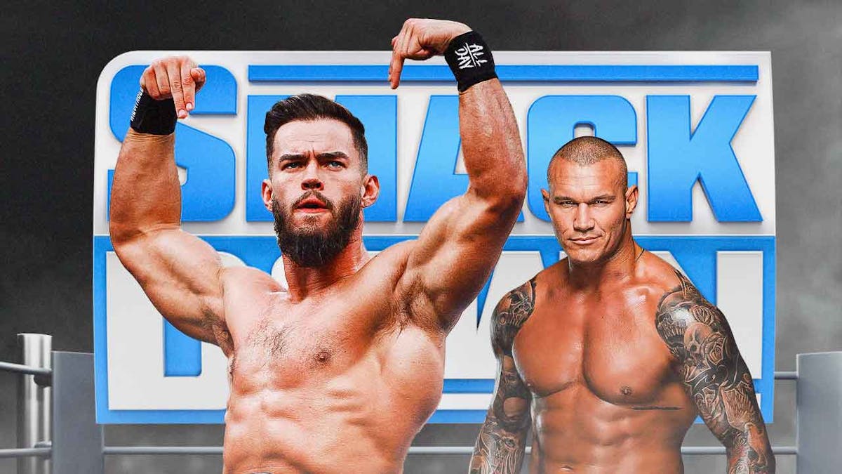 Austin Theory next to Randy Orton with the SmackDown logo as the background.