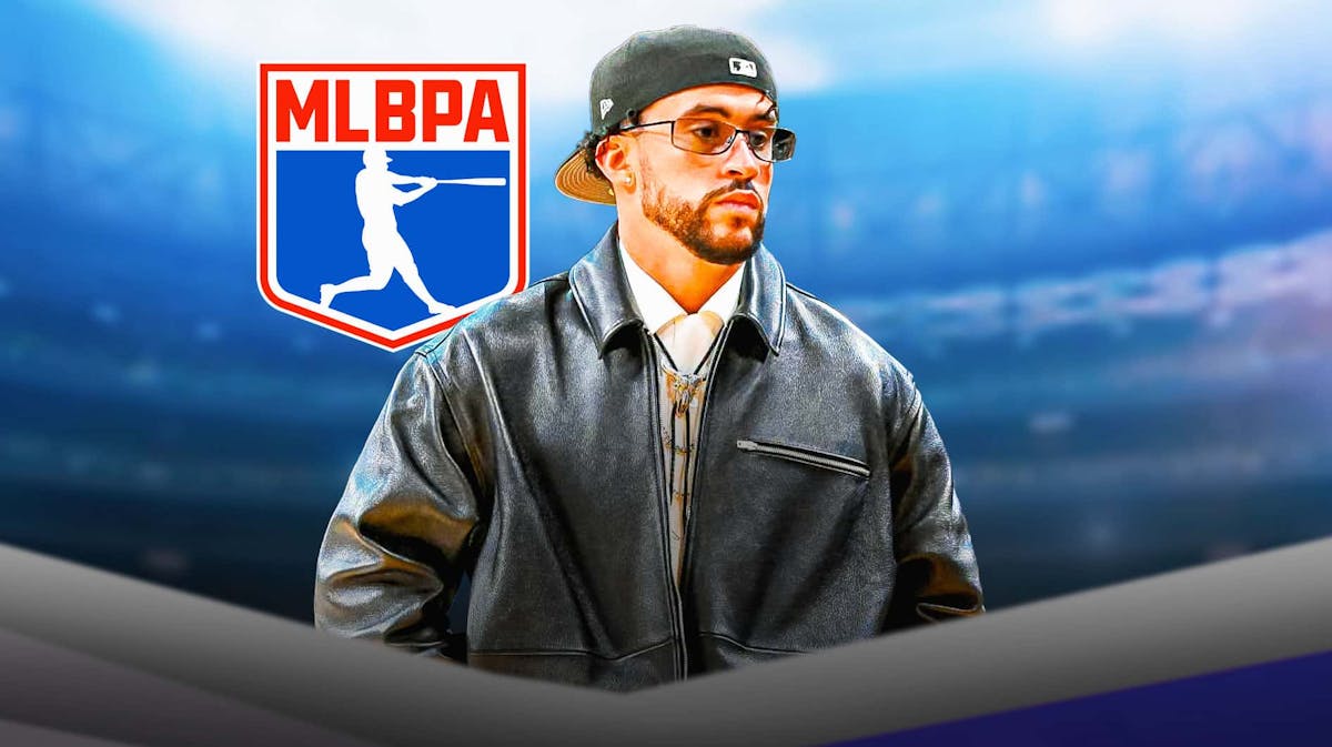 Bad Bunny stands to MLBPA logo, Rimas Sports lawsuit banners in background