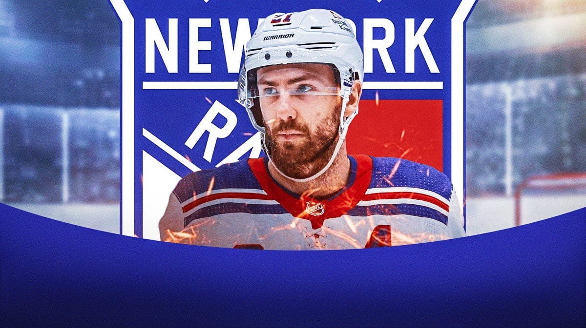 Barclay Goodrow in middle of image looking happy with fire around him, New York Rangers logo, hockey rink in background
