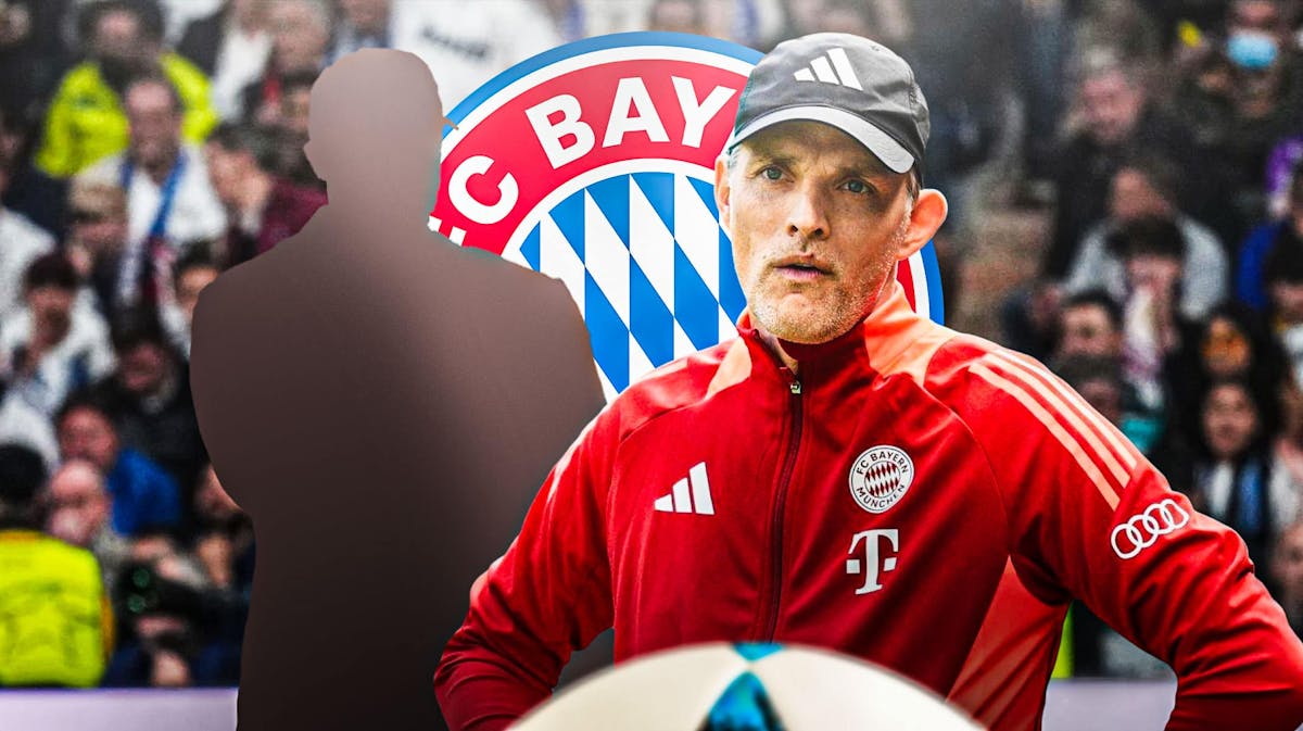 The silhouette of Vincent Kompany next to Thomas Tuchel, the Bayern Munich logo behind them