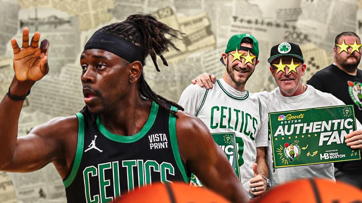 A newspaper as the background, Jrue Holiday on one side, a bunch of Boston Celtics fans on the other side with stars in their eyes