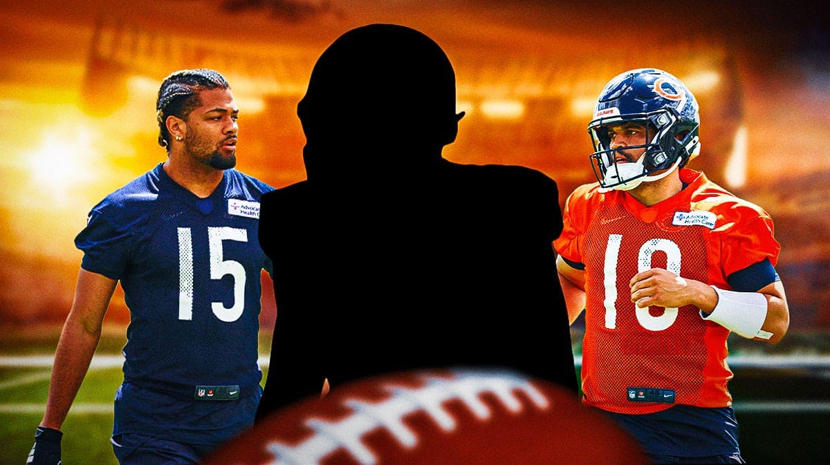 Bears logo as background, Caleb Williams on one side, Rome Odunze in the other side and a black silhouette of 2024 Bears rookie sleeper Austin Booker in the middle with a question mark in the silhouette