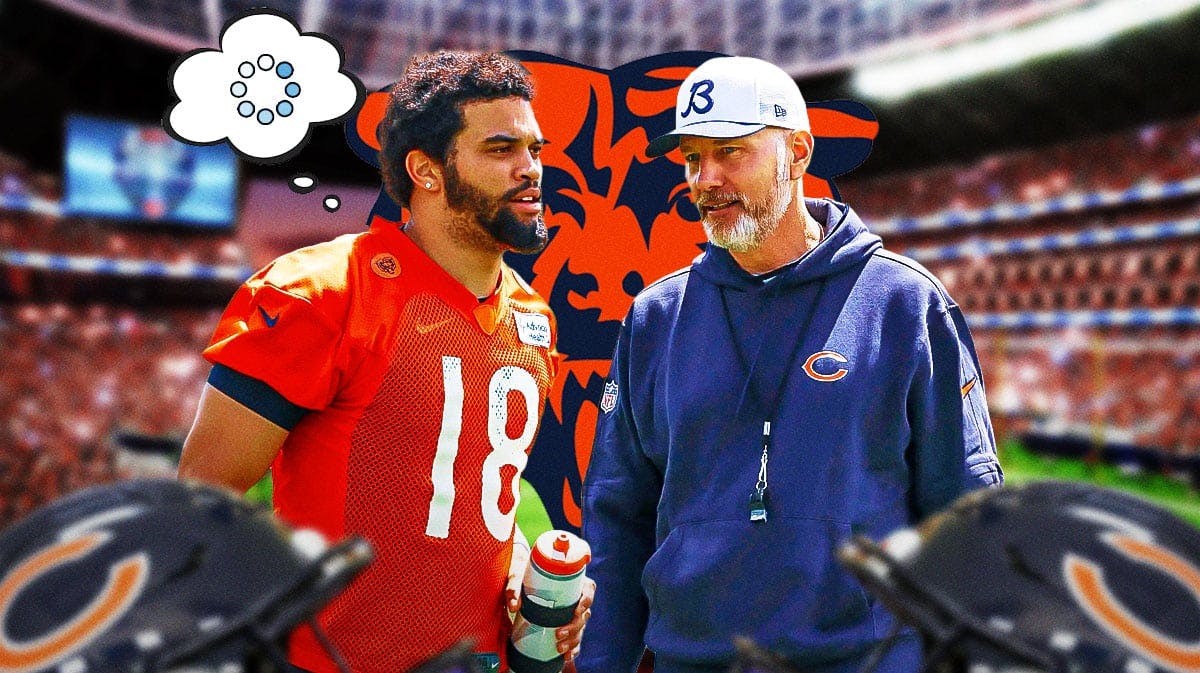 Chicago Bears QB Caleb Williams with head coach Matt Eberflus. Williams has a thought bubble with the loading emoji inside. They are next to a logo for the Chicago Bears.