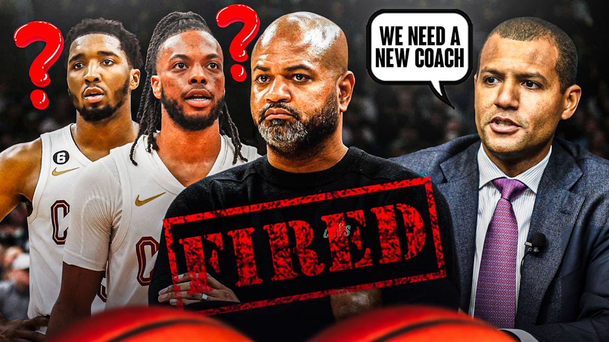 Cavs' Donovan Mitchell and Darius Garland with question marks next to fired JB Bickerstaff. Koby Altman saying "We need a new coach"