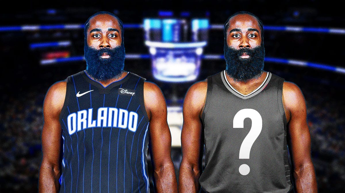 2 of the same pictures of the Clippers' James Harden, one in a Magic jersey and one in a blank jersey with a question mark on it.