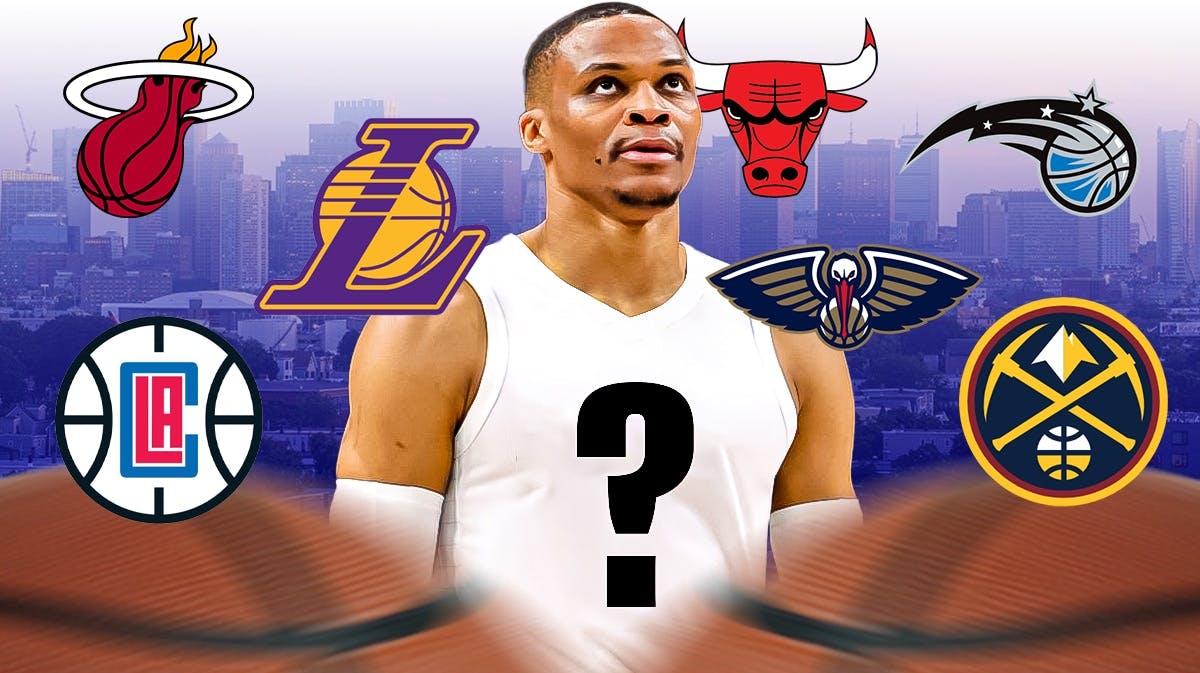Russell Westbrook with blank jersey and question mark in the middle. Heat, Lakers, Clippers, Bulls, Magic, Nuggets, Pelicans logos in the background
