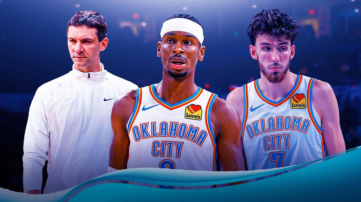 Shai Gilgeous-Alexander, Chet Holmgren and Mark Daigneault with the Thunder arena in the background, offseason free agency roster