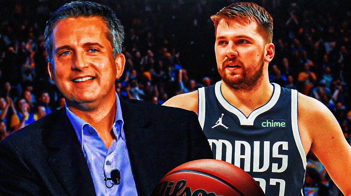 Dallas Mavericks star Luka Doncic and Bill Simmons in front of American Airlines Center.