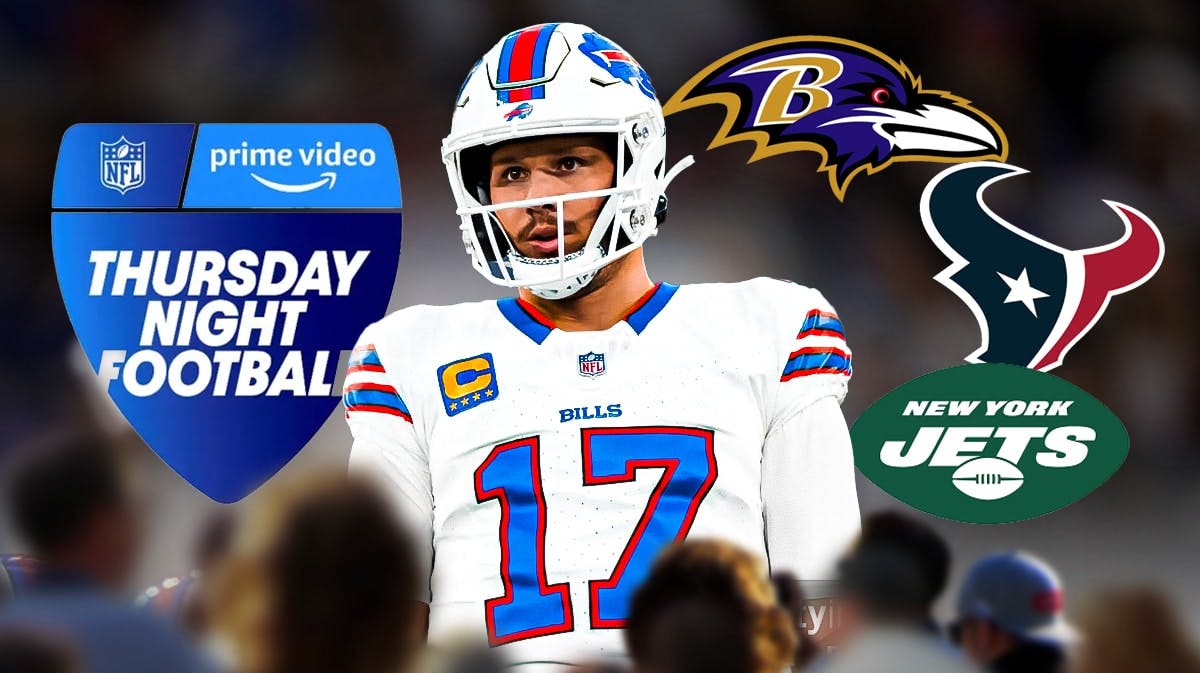 Bills Josh Allen in action with a Thursday Night Football logo on one side and the Baltimore Ravens, Houston Texans, and New York Jets logos on the other.