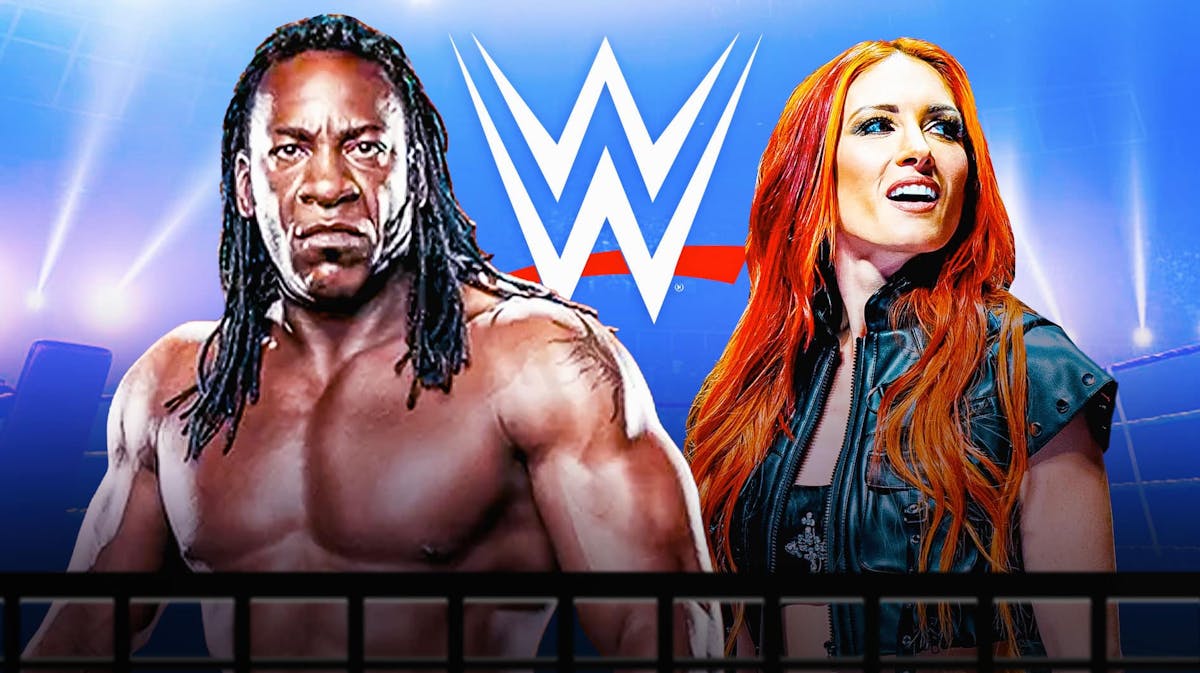 Booker T and Becky Lynch with the WWE logo as the background.