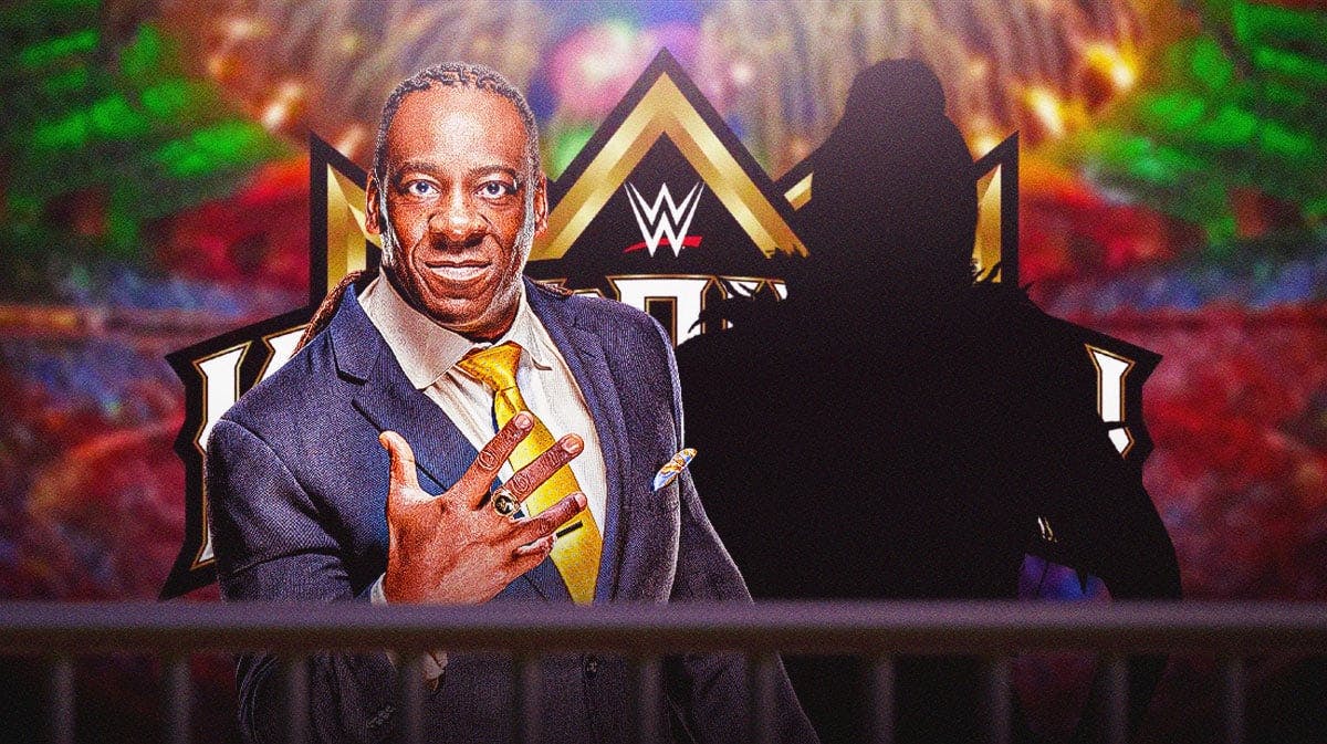 Booker T next to the blacked-out silhouette of Lyra Valkyria with the 2024 King and Queen of the Ring logo as the background.