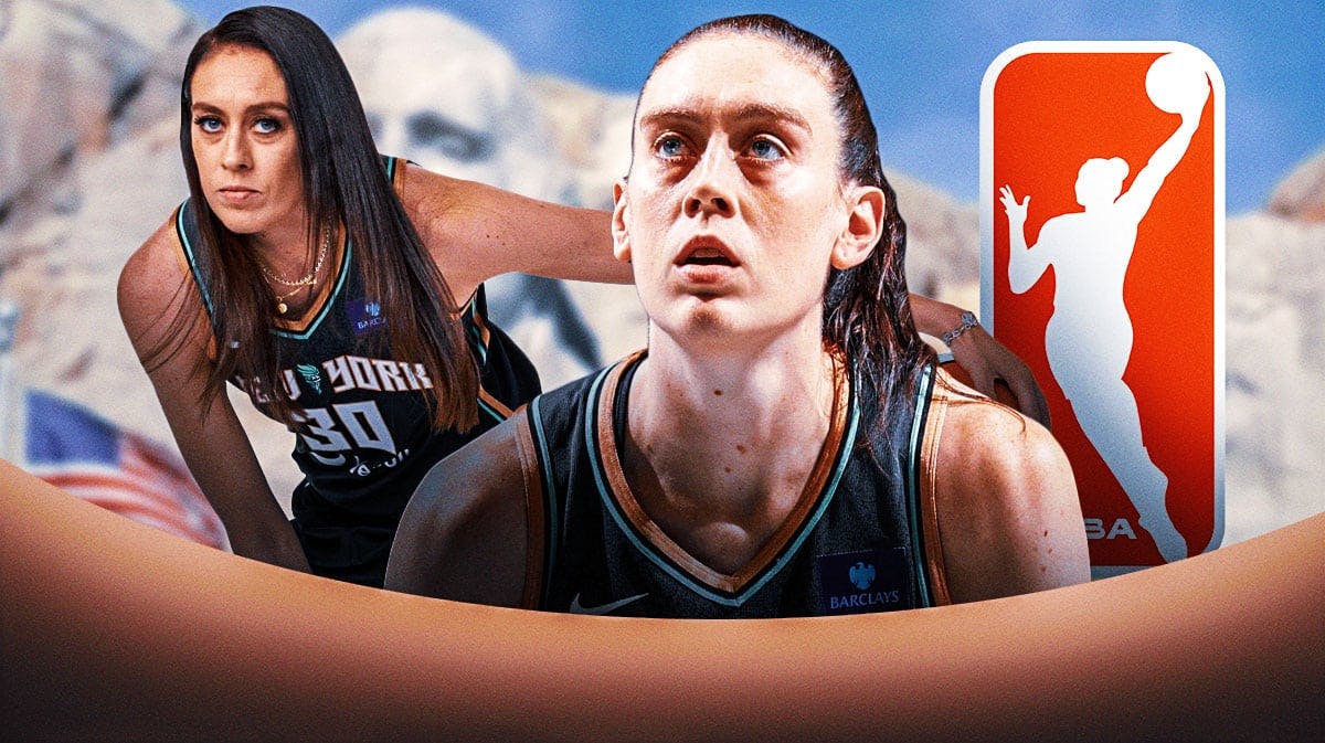 New York Liberty's Breanna Stewart stands in front of WNBA logo, Mount Rushmore, Candace Parker