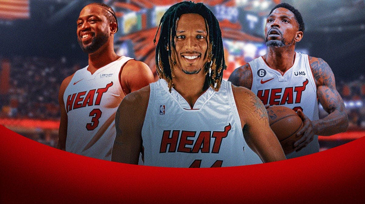Brian Grant, Udonis Haslem, Dwyane Wade, Heat, Brian Grant Heat, Brian Grant, Dwyane Wade and Udonis Haslem with Heart arena in the background
