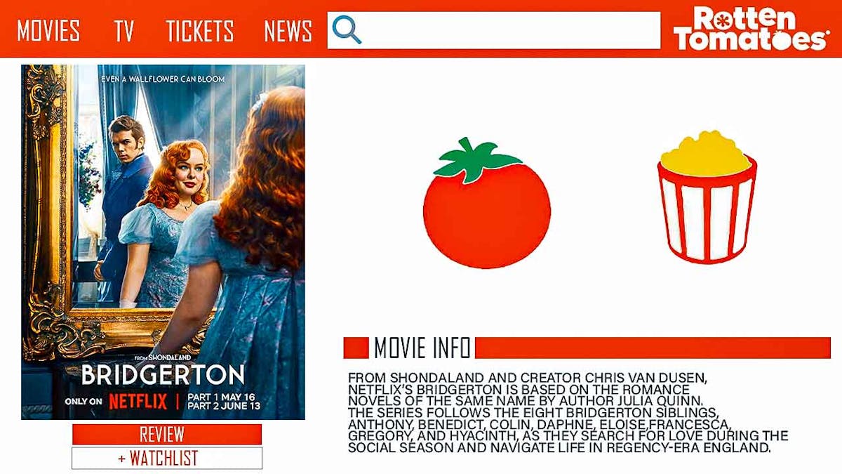 Bridgerton Season 3 poster in a Rotten Tomatoes landing page, tomato and popcorn images