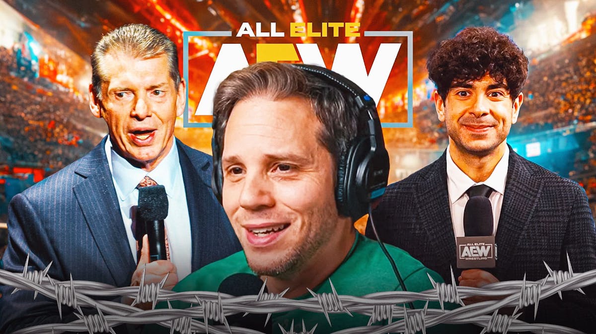Wrestling journalist Bryan Alvarez with Tony Khan on his right and Vince McMahon on his left with the AEW logo as the background.