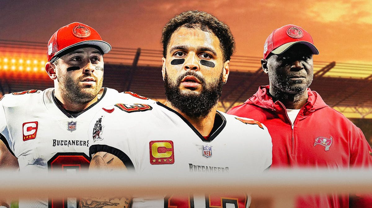 Buccaneers players Baker Mayfield, Mike Evans, and head coach Todd Bowles